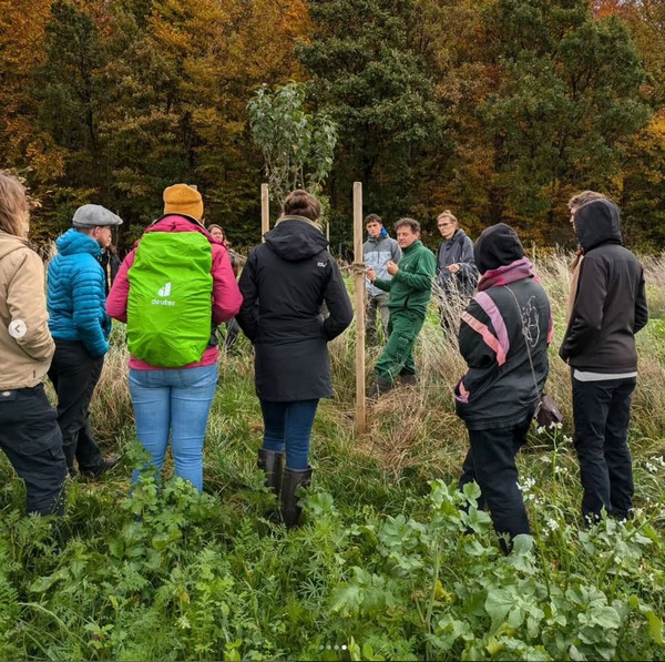 KI generiert: Das Bild zeigt eine Gruppe von Menschen, die im Freien um einen kleinen Baum versammelt sind, anscheinend bei einer Informations- oder Schulungsveranstaltung. Im Hintergrund ist ein bewaldetes Gebiet zu sehen.